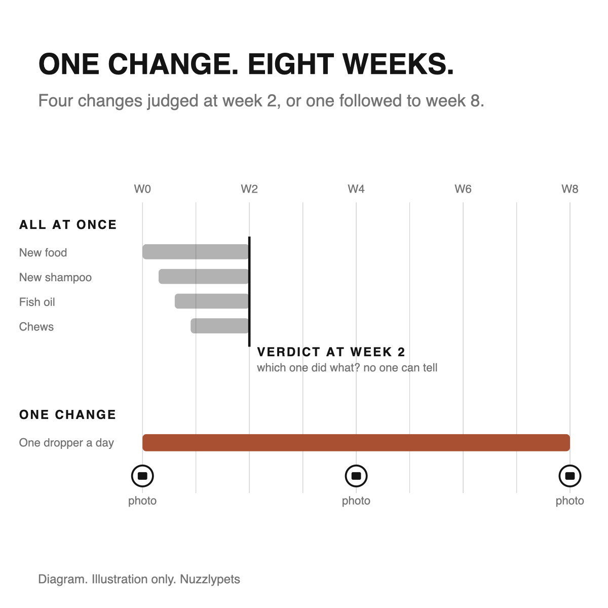 Diagram: four changes judged at week two, versus one dropper a day followed for eight weeks with a photo at weeks 0, 4 and 8. Illustration only.
