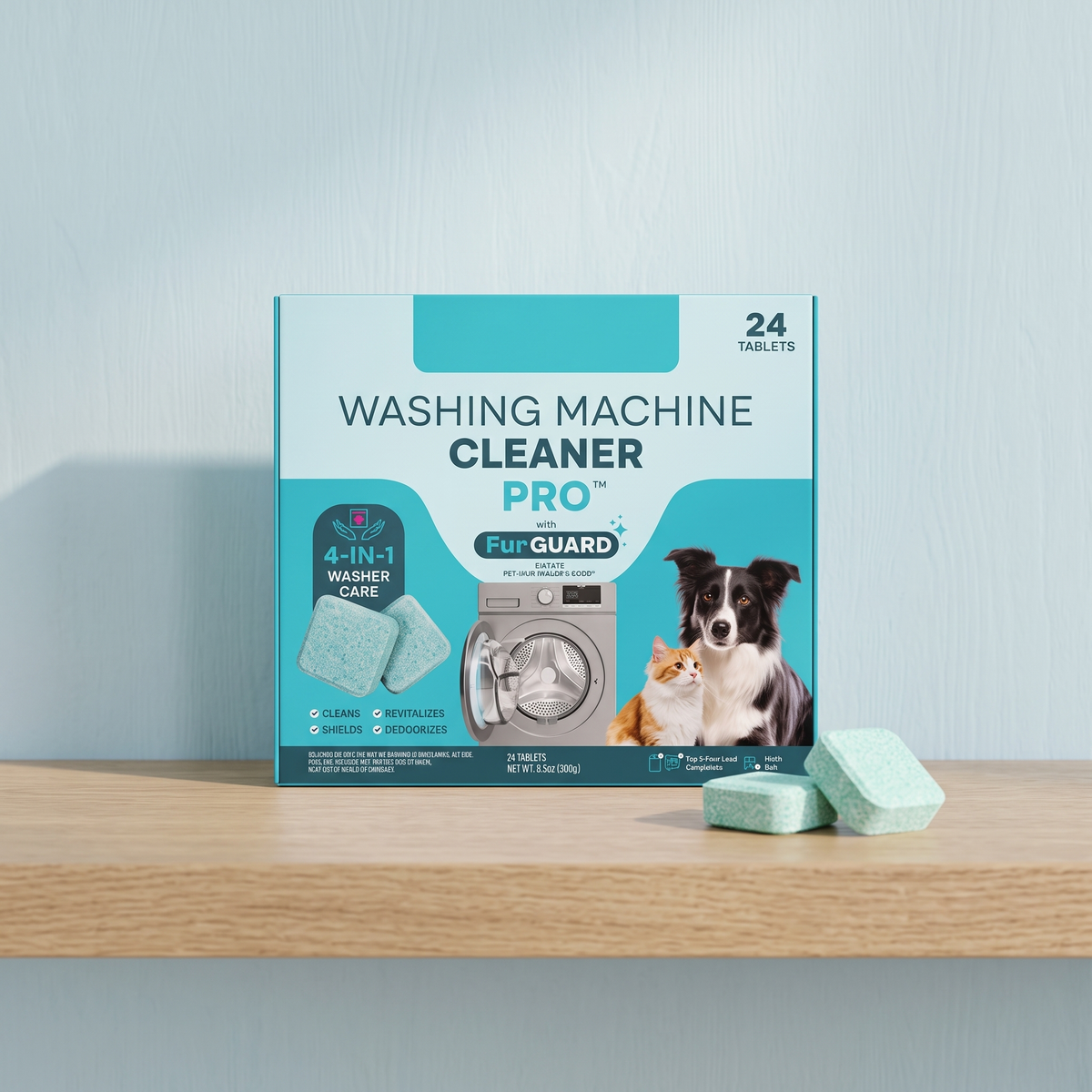 Washing machine cleaner box with mint-green tablets
