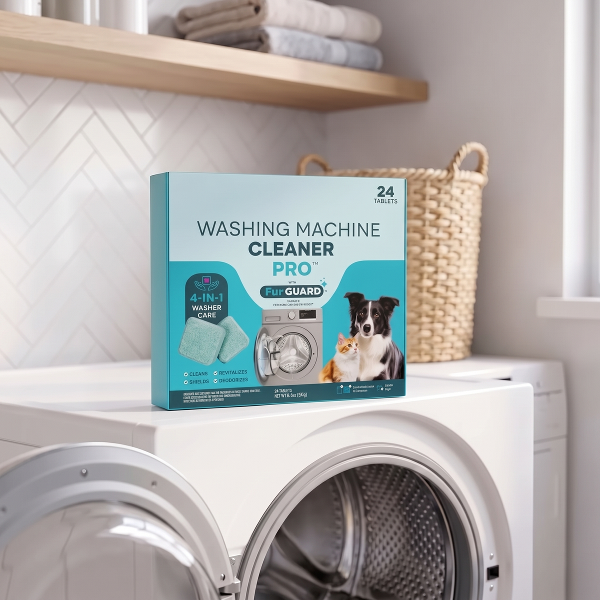 Washing machine cleaner box, 24 tablets, on top of a washer