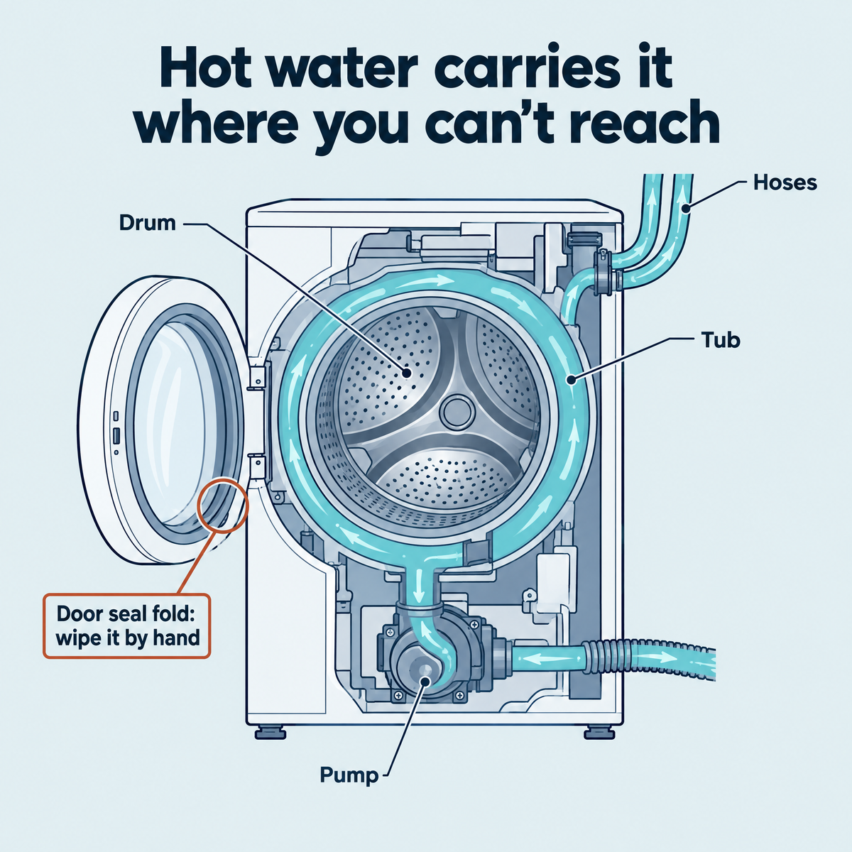 Cutaway of a washer: drum, tub, pump and hoses, door seal fold wiped by hand