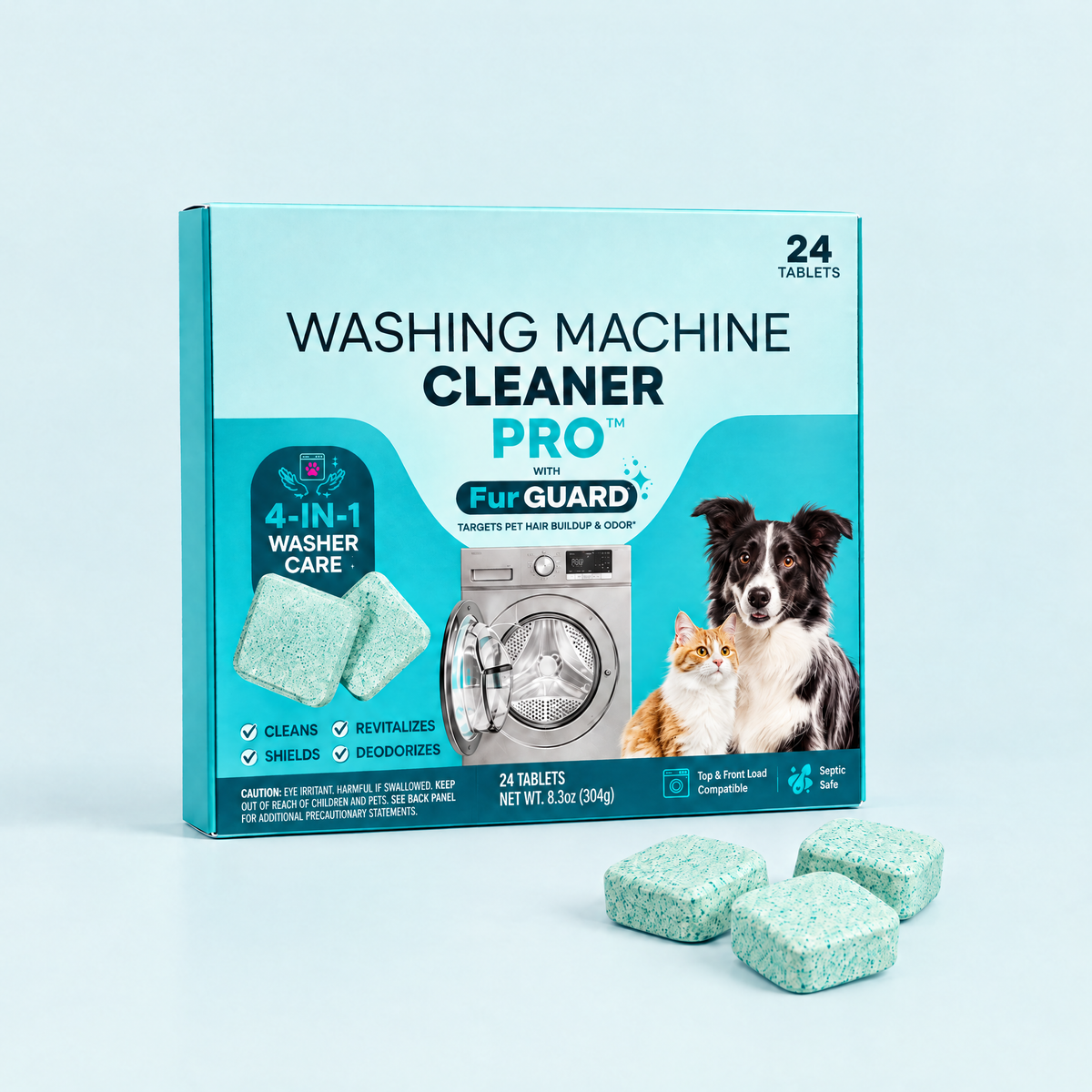 Box of 24 washing machine cleaner tablets with three mint-green tablets