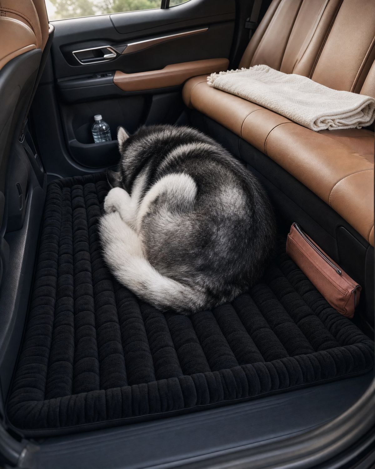 A dog curled up on the plush car bed