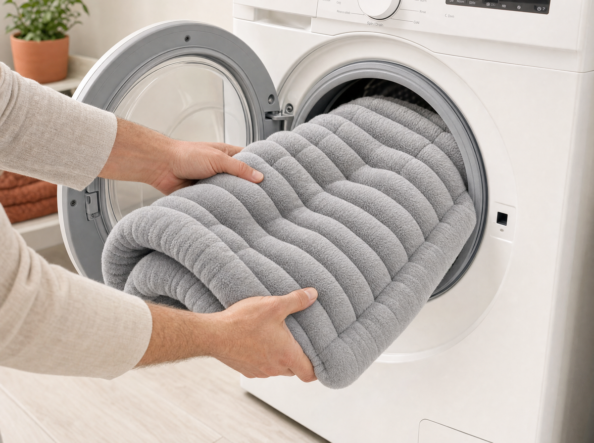 The bed cover going into the washer