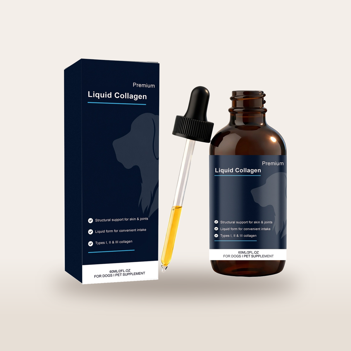 Amber dropper bottle of liquid collagen for dogs