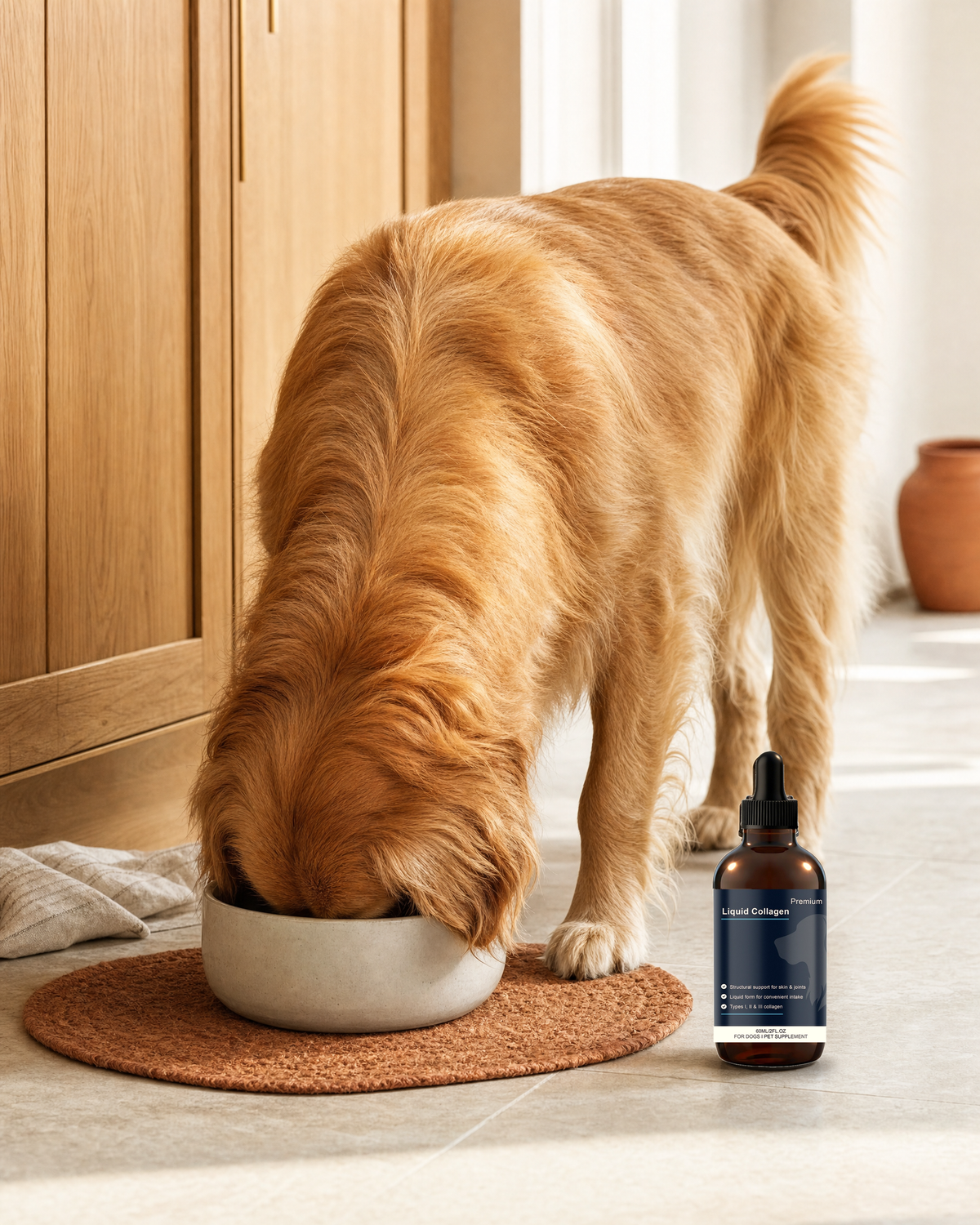 A dog eating from its bowl next to the dropper bottle