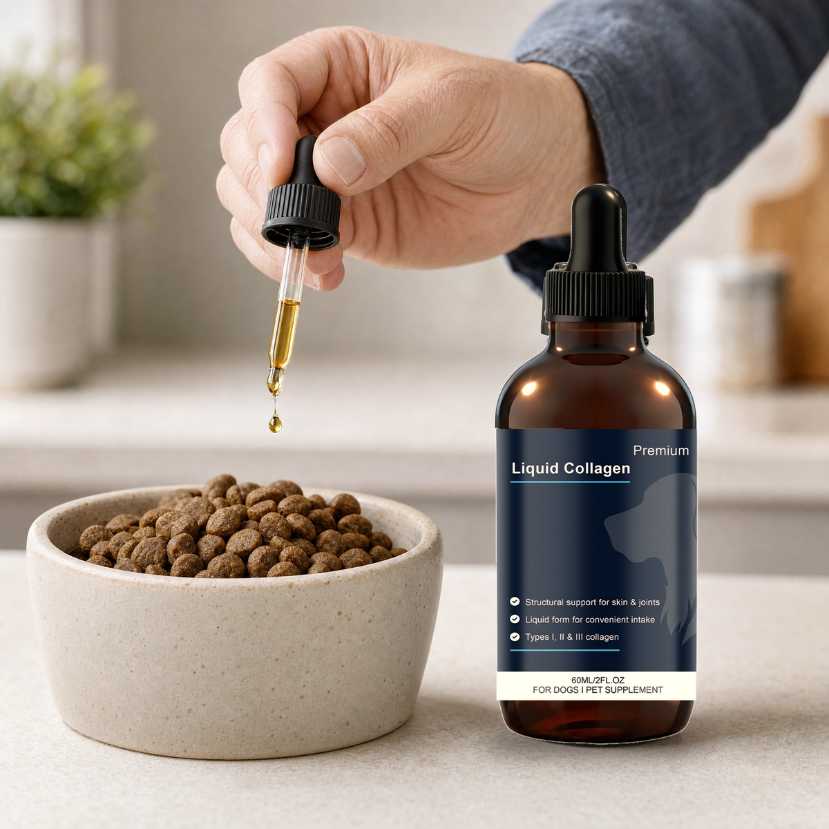 One dropper of liquid collagen over a bowl of dog food
