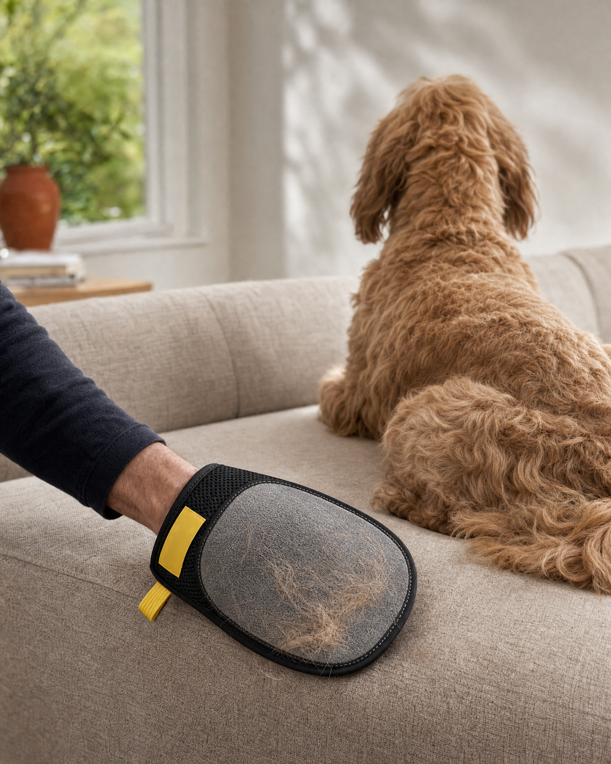 The glove gathering fur on a couch