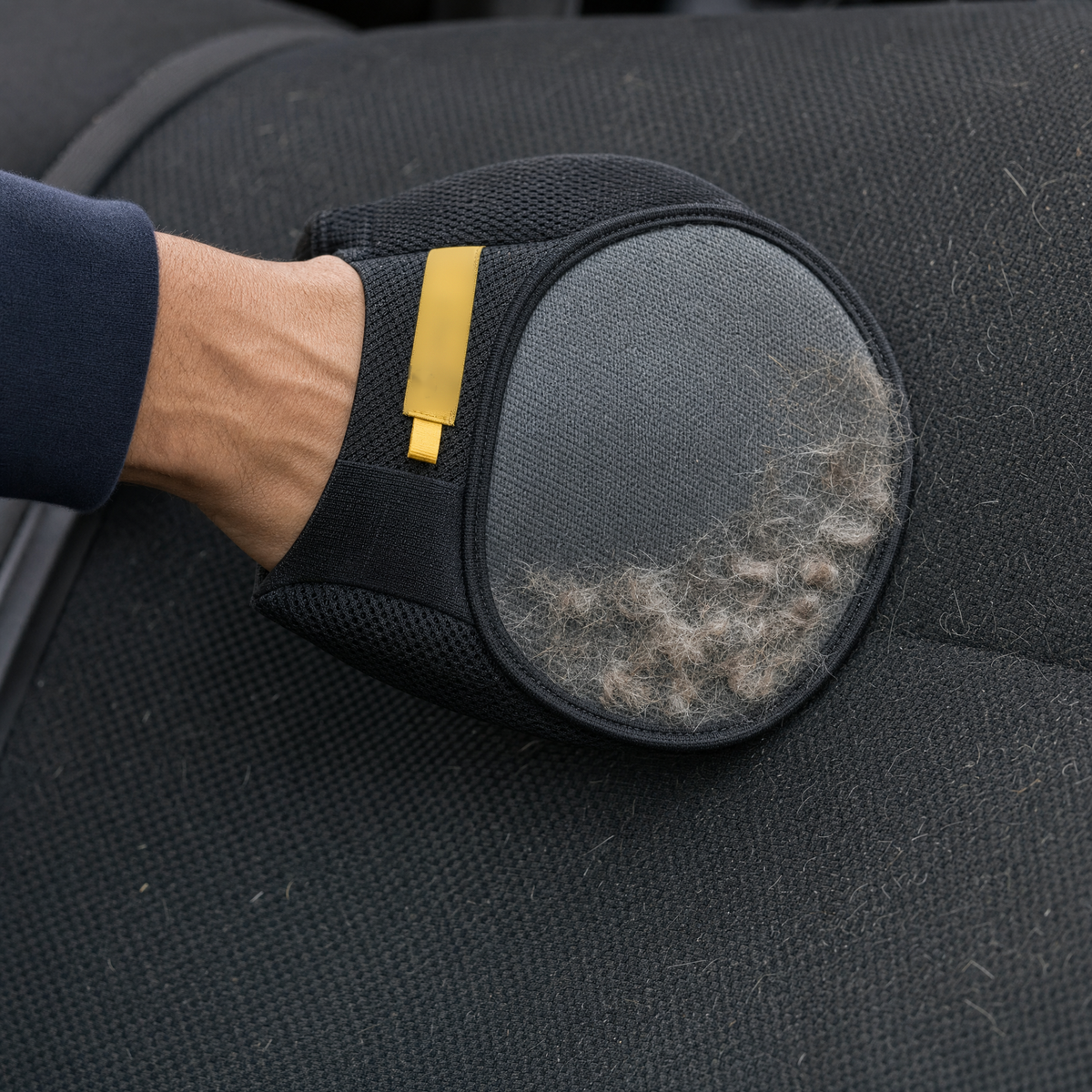 The glove removing fur from a car seat