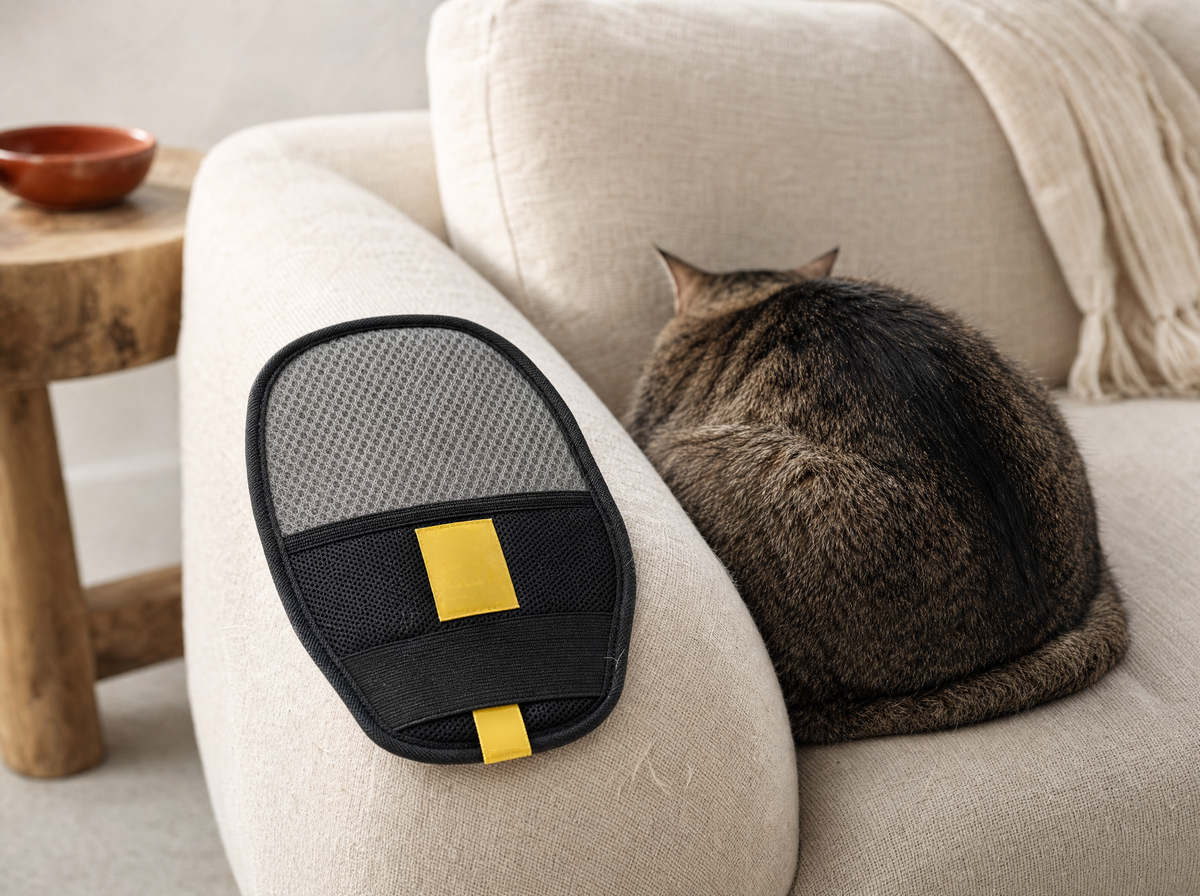 A cat asleep on the couch next to the glove