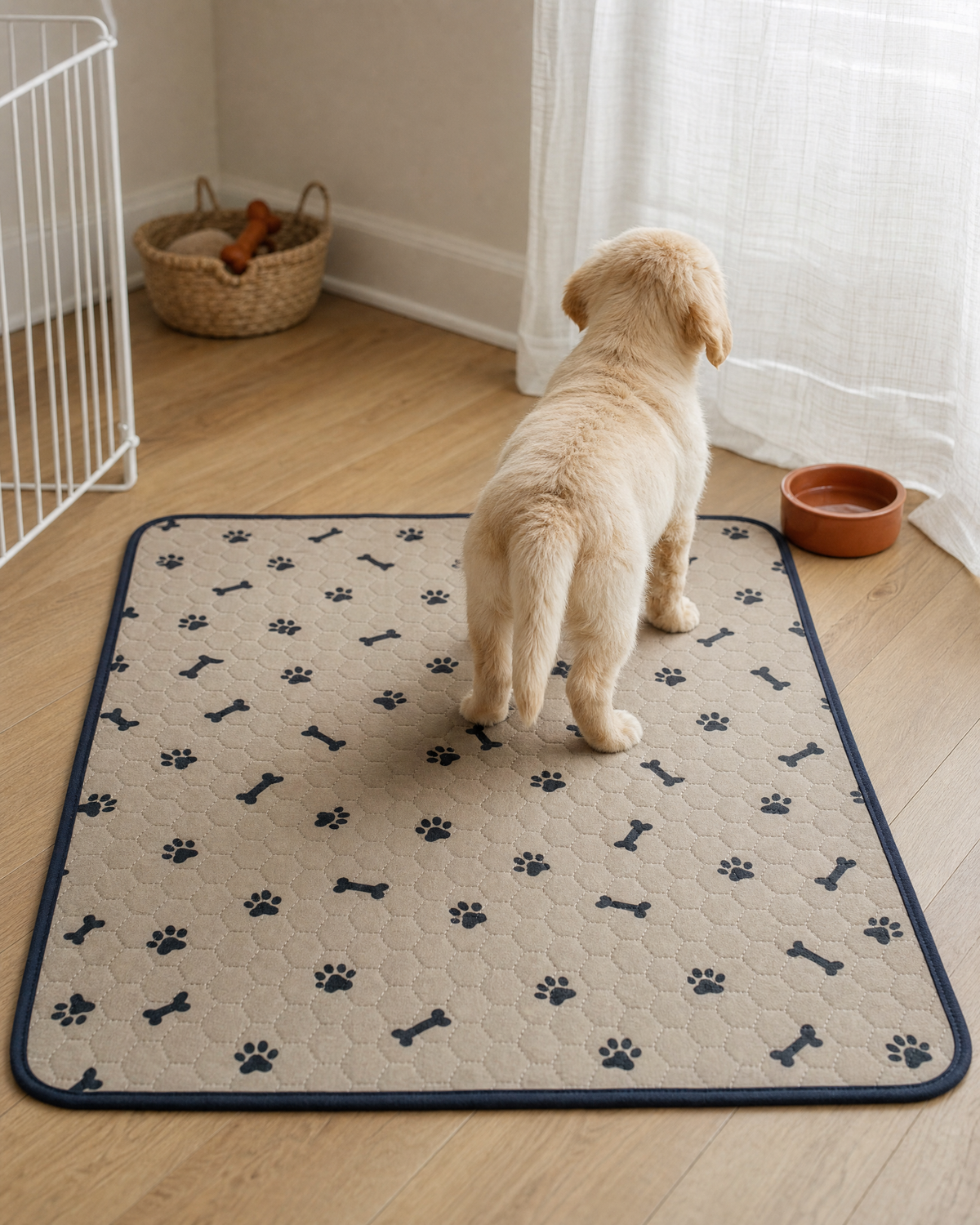 A puppy standing on the washable pee pad
