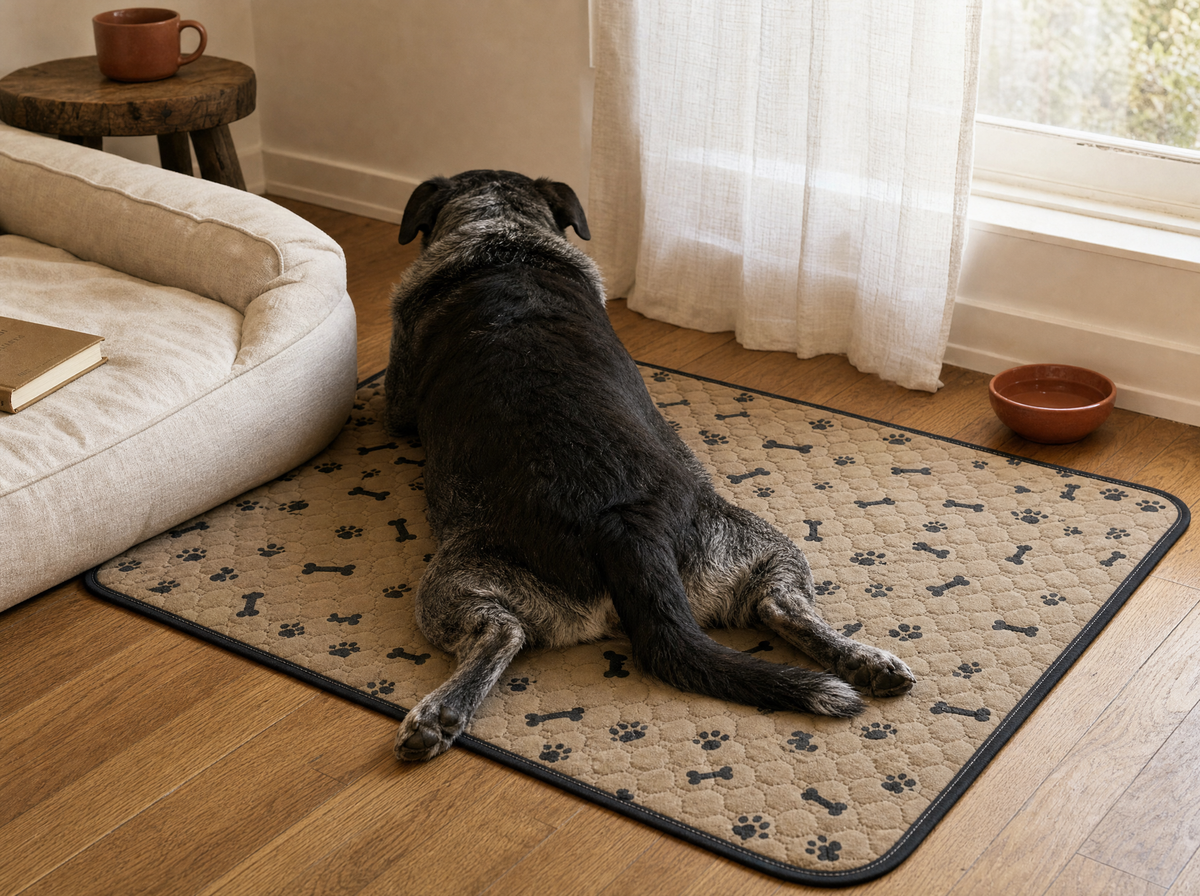 An older dog lying on the pee pad