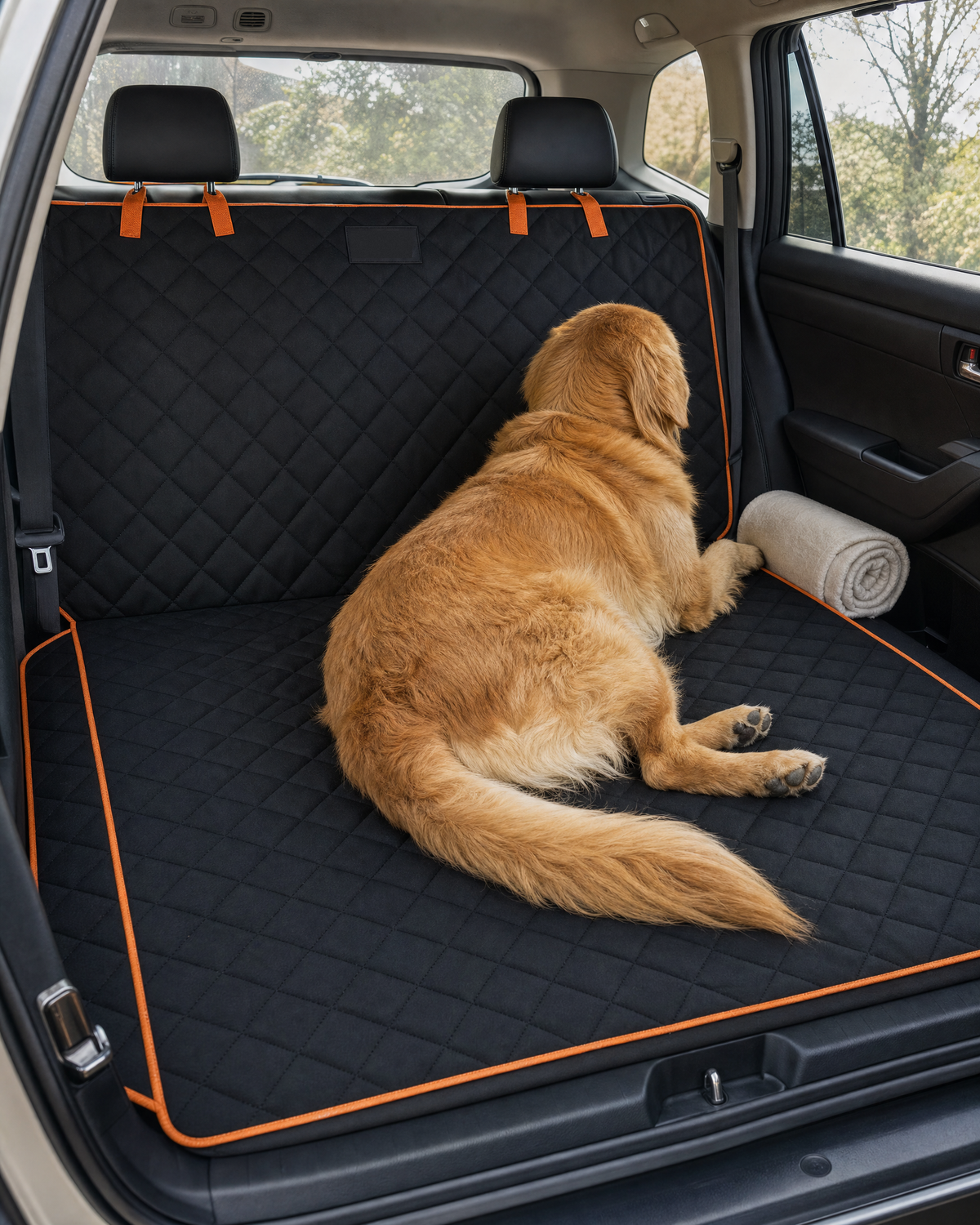 A golden retriever lying on the back seat floor, seen from behind