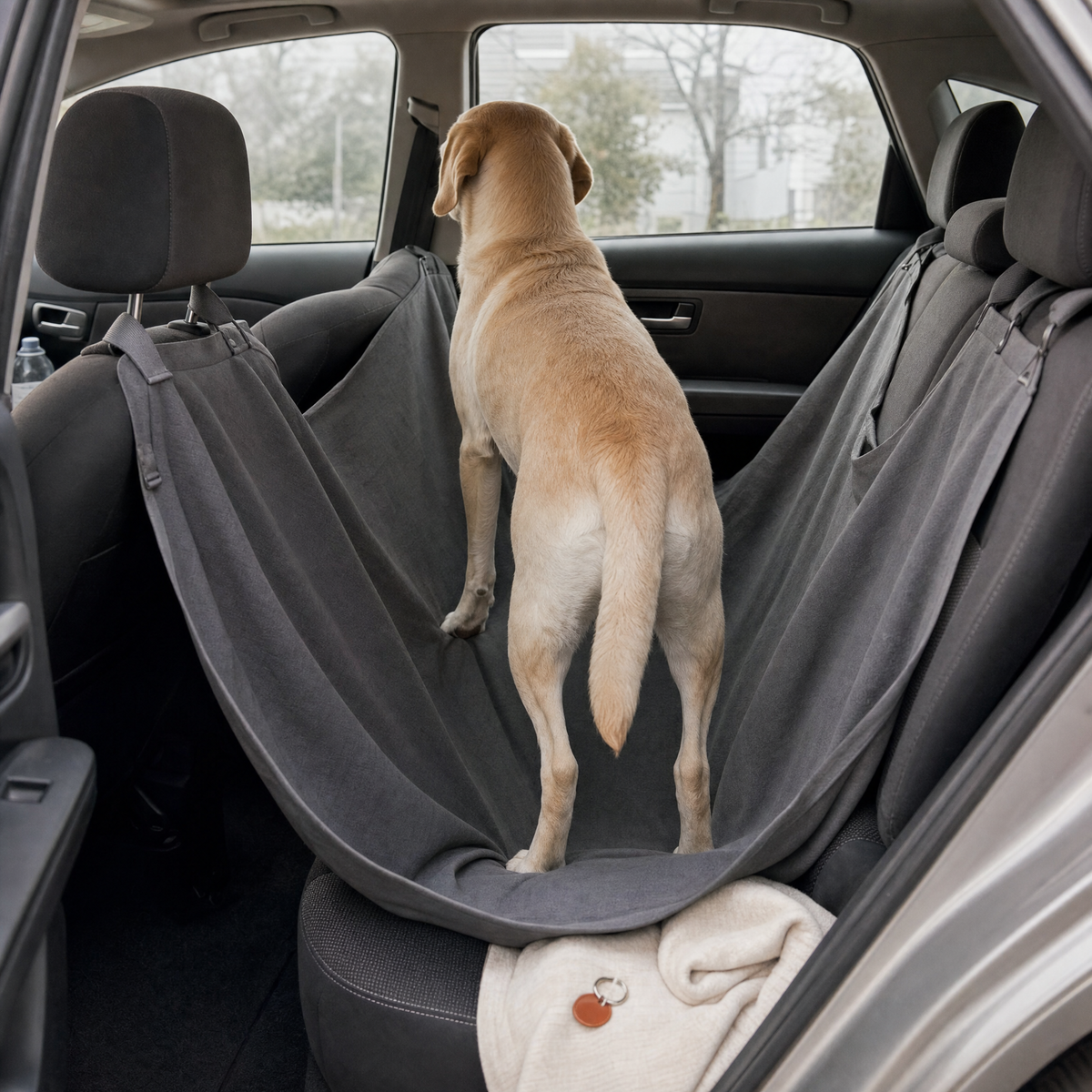 A dog standing on a soft hammock seat cover that sags into the footwell
