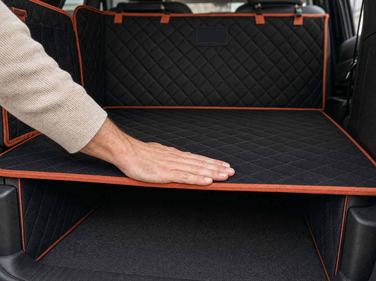 A hand pressing on the front edge of the back seat floor