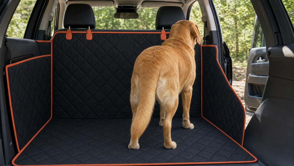 A dog on the back seat floor looking out the window