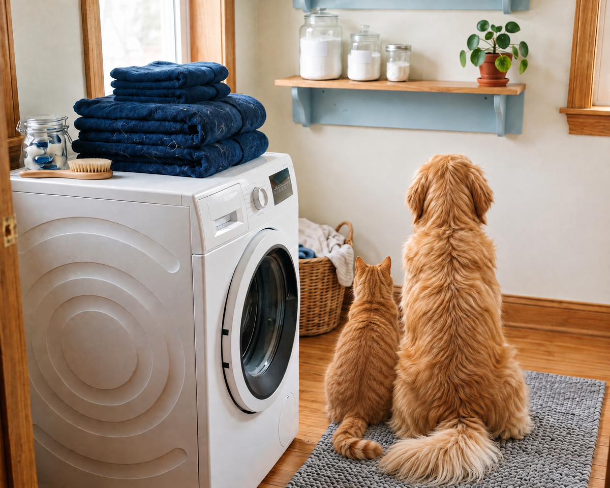 Folded towels with a dog seen from behind