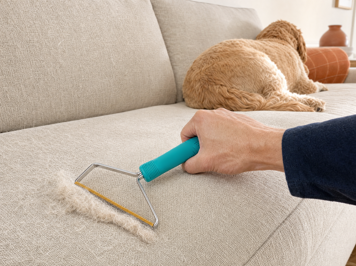 The handheld tool gathering fur on a couch